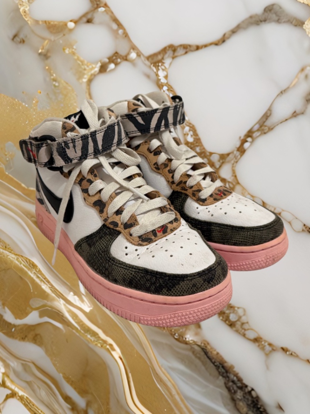 Women's Zebra, Leopard, and Snake Print Pink High-Top Nike Air Force Ones